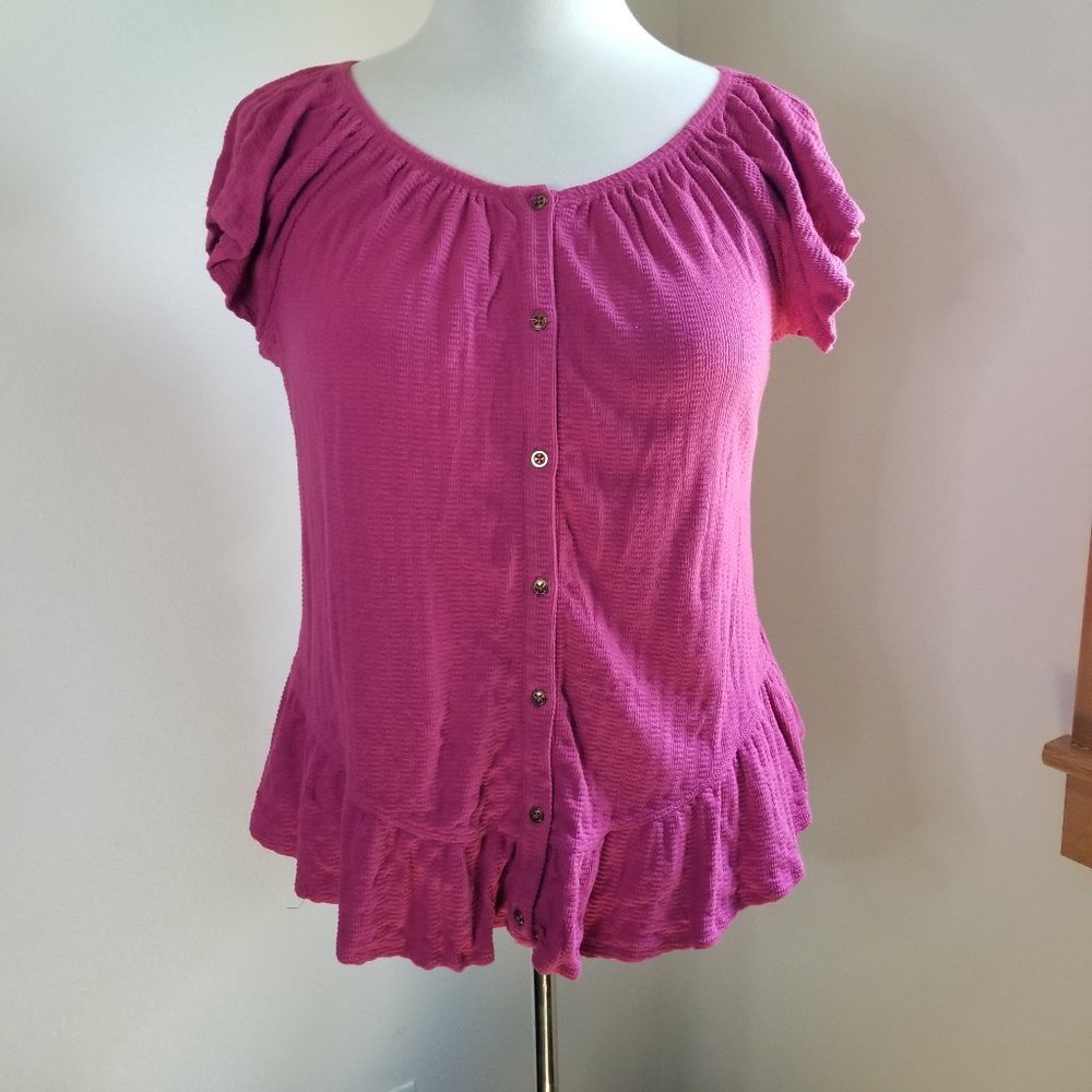 Pink Textured Ruffled Top Flutter Sleeve